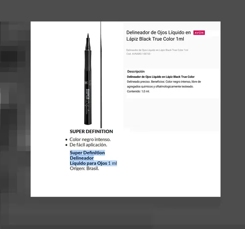Delineador De Ojos En Fibra Super Definición True Color Avon