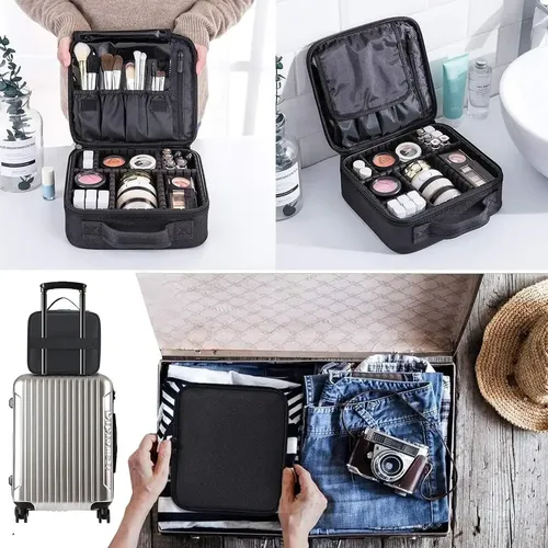 Maletin Neceser Valijita Porta Cosmetico Organizador De Maquillaje Rosa Con Divisiones Ajustables Estuche Portátil Con Cierre, Cosméticos, Perfumes, Brochas Y Viajes Levys Bazar Color Negro
