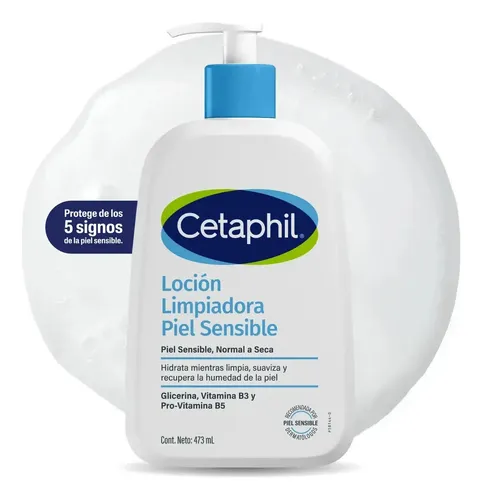 Cetaphil Loción Limpiadora Facial Corporal Piel Sensible y Seca 473 ml | Limpia e hidrata hasta 48 h, remueve maquillaje e impurezas, preserva humectación con niacinamida B3, pantenol y glicerina.