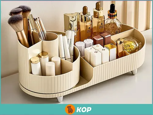 Organizador de Maquillaje con Porta Brochas Giratorio 360° en Beige