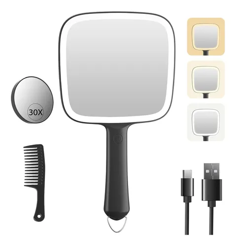 Espejo De Mano Con Luz Famihomii 30x Recargable Negro