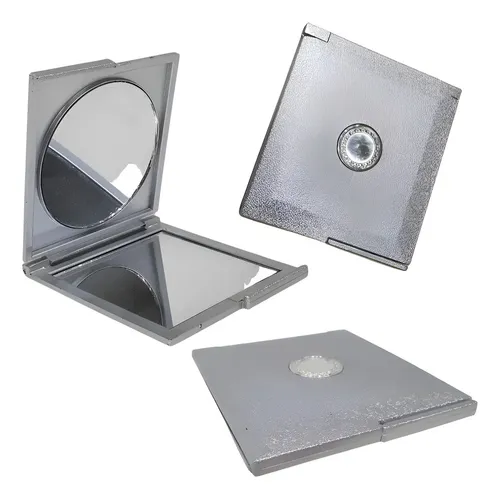 Espejo Cartera Doble con 1 espejo Vidrio x1 Común + 1 espejo Vidrio con aumento X2, Medida Cerrada 7.5 X 8 Cm , Exterior Plástico en Silver