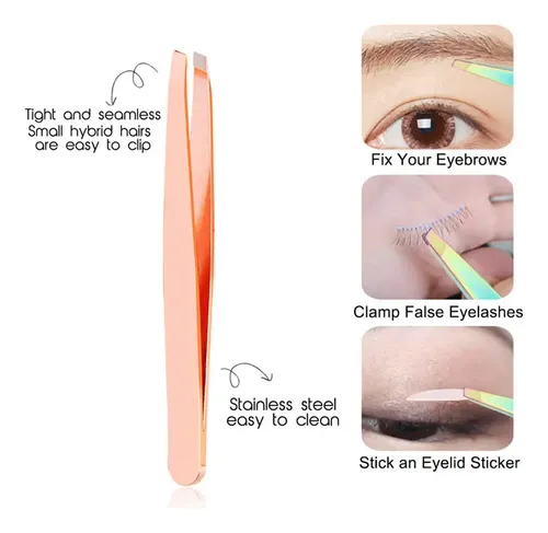 Set Depilacion Pincita + Tijera Para Cejas De Acero Ushas Color Rose Gold