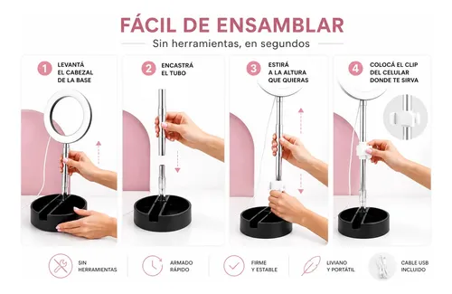 Espejo Portatil Maquillaje Luz Led 3 Tonos Altura Regulable