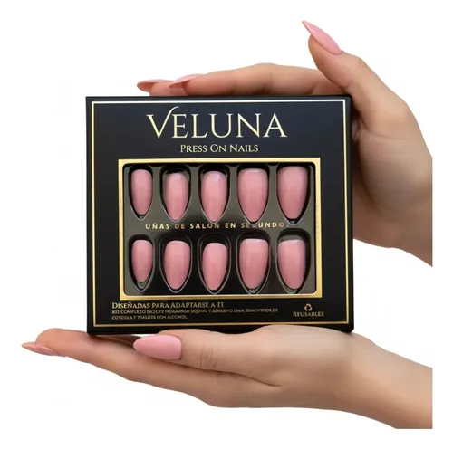 Uñas Press On Veluna Almendras 32u Cortas Reutilizables Kit Rosa Claro