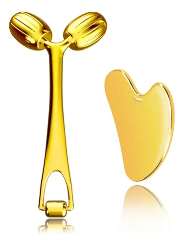 Set Masajeador Facial Yeamon Rodillo Gua Sha Acero Dorado
