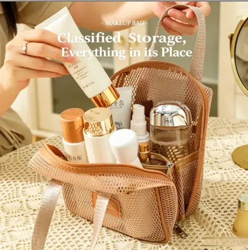 Neceser Organizador De Maquillaje De Red Viaje Caqui Mesh