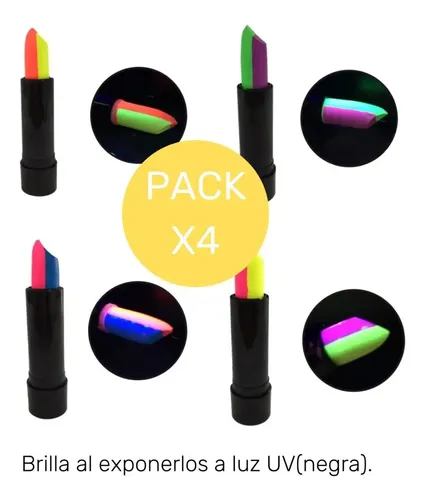 Labial Fluo Bicolor X 4 Maquillaje Brilla Luz Negra Uv