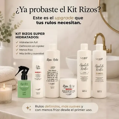 Kit Definición Rizos Algae Rulos Line Up con Shampoo Rizos, Máscara Algae Rizos, Mascara Antifrizz e Hidratadora 4FourAction y Spray Formador de Rulos