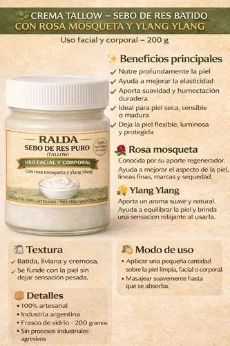 Crema Tallow Sebo Res Batido Rosa Mosqueta Ylang Ylang 200g
