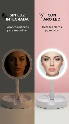 Espejo De Maquillaje Redondo Plegable Aitech Usb Pila Blanco Redondo Recargable Portatil Rotacion Ajustable Tactil Luz Fria Calida Tocador Viaje Profesional Base Estable