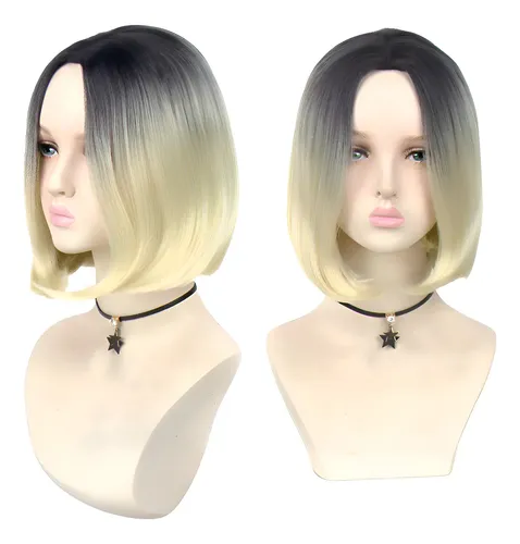 Peluca Corta Bob Carre Negra Rubia Simil Natural Cosplay