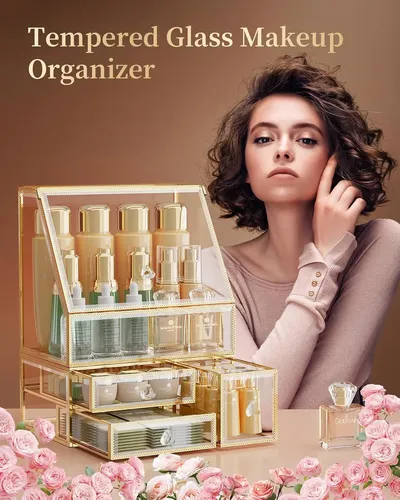 Organizador De Maquillaje De Vidrio Coralhouse –  Cajón –  C Coral Claro