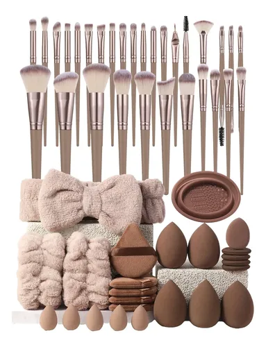Set 30 Brochas Y Esponjas Maquillaje Profesional Vino Tinto