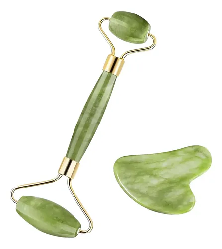 Set Facial Jade Roller Masajeador Y Piedra Gua Sha Verde