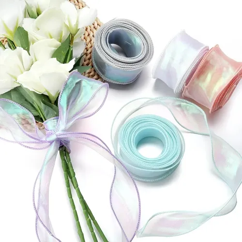 Kit 5 Rollos Cinta Organza Iridiscente Para Manualidades Celeste Lisa