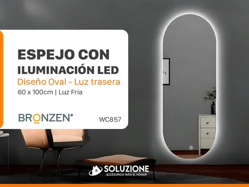 Espejo Premium Vertical Ovalado Luz Led Trasera 100 X 60 Cm
