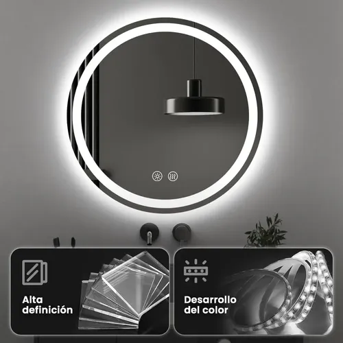 Espejo Redondo con Luz LED y Antivaho de 60 cm para Baño