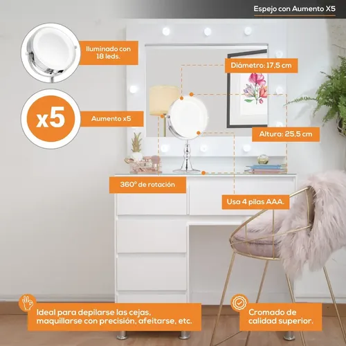 Espejo Luz Maquillaje Aumento X5 Doble Faz Base 18 Led Cuota