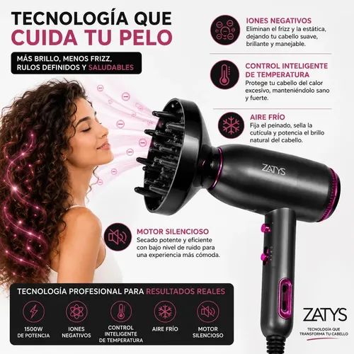 Secador De Pelo Profesional Difusor Silencioso 1500w Zatys Negro