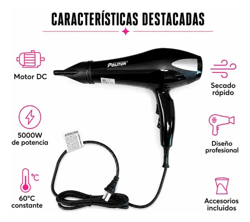 Secador De Pelo Profesional 1500w Con Difusor Y Peines Kit