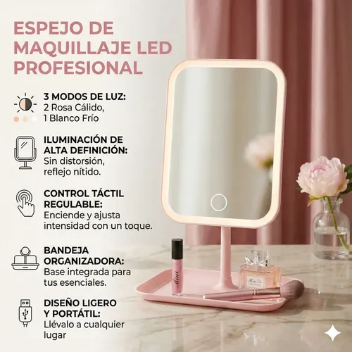 Espejo De Maquillaje Luz Led Con Base Rectangular Recargable