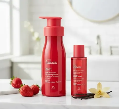 Kit Crema Jabón Y Aceite Bifásico Frutilla Y Vainilla Dorada