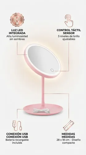 Espejo Para Maquillaje Redondo Con Luz Led Táctil Usb Rosa