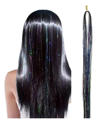 Hilos de Oropel Metálicos para Cabello, Extensiones Holográficas de 100 cm – Negro