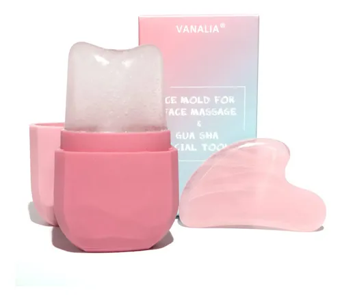Set Ice Roller Y Gua Sha Vanalia Facial Silicona Rosa