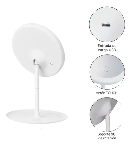 Espejo De Maquillaje 3 Modos Luces Led Con Base Carga Usb Marco Blanco