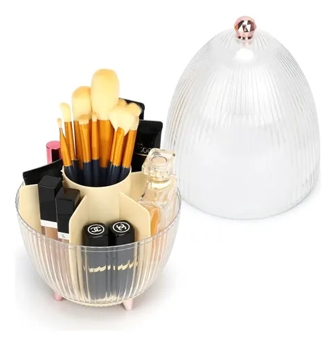 Organizador de Brochas Giratorio Smart Shop 360° con Tapa, para Maquillaje y Cosméticos, Plástico Beige de 7 Compartimentos