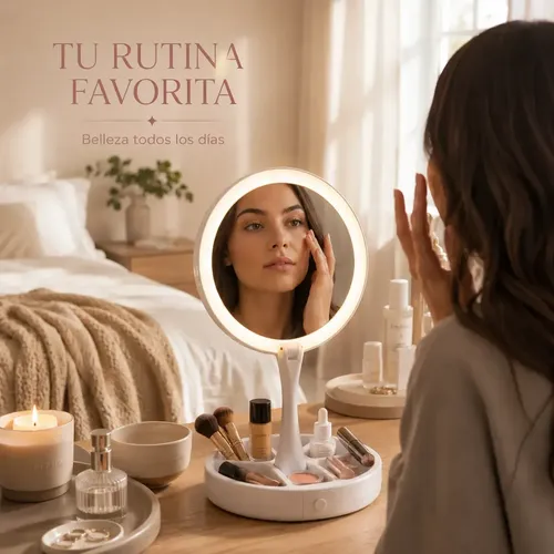 Espejo De Maquillaje Led Redondo Con Base Organizadora Luz