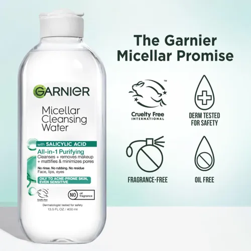 Garnier Agua Micelar Con Ácido Salicílico, Limpiador Facial