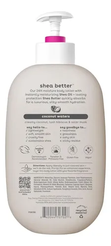 EOS Shea Better Loción Corporal Coconut Waters 473 ml | Hidratación 24 Horas con Manteca de Karité Natural, Aroma Fresco de Coco, Fórmula Vegana Ligera y No Grasosa que Suaviza y Nutre la Piel