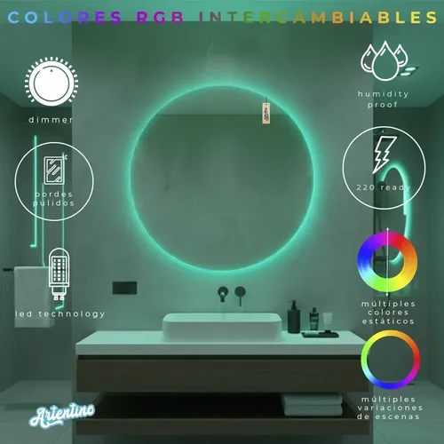 Espejo Led Pared Decorativo Redondo Luz Cálida Fria Rgb 60cm