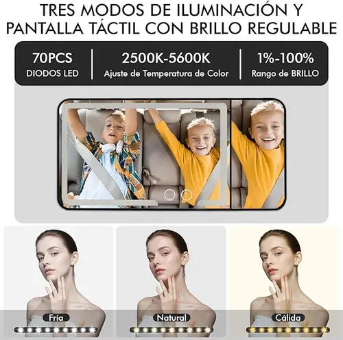 Espejo Maquillaje Auto Con Correa 70 Led Aumento 3 Veces