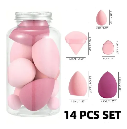 Set De 14 Esponjas De Maquillaje Rosas Con Caja De Poliureta