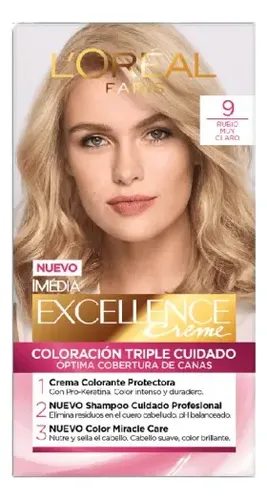 Tintura L’Oréal Excellence 9 Rubio Muy Claro sin Amoníaco, con Cobertura de Canas
