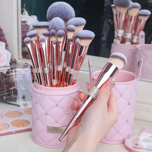 Set 16 Brochas Maquillaje Bueart Design Mango Metal Oro Rosa