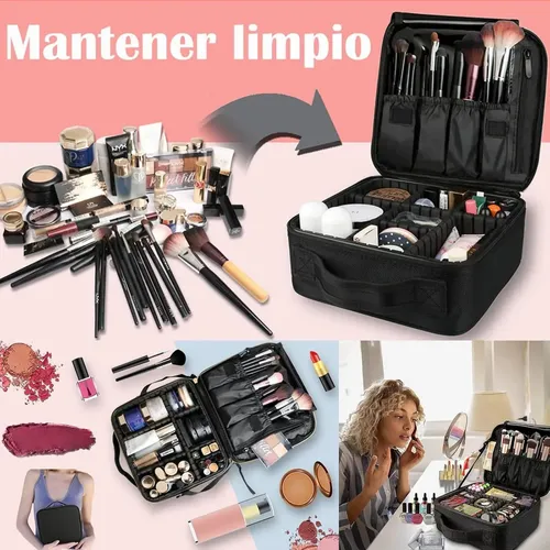 Maletin Neceser Valijita Porta Cosmetico Organizador De Maquillaje Rosa Con Divisiones Ajustables Estuche Portátil Con Cierre, Cosméticos, Perfumes, Brochas Y Viajes Levys Bazar Color Negro
