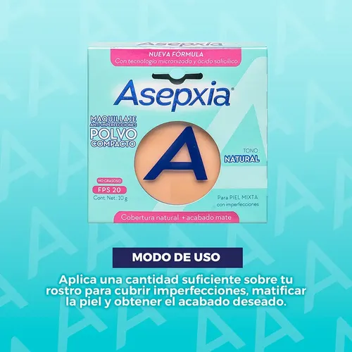 Asepxia Base de Maquillaje en Polvo Compacto Tono Natural 10mL 10g