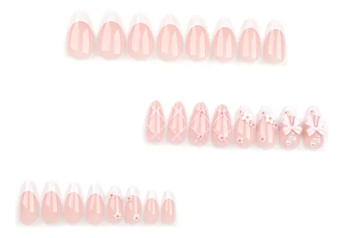 Uñas Postizas Florales Adornadas Con Un Moño Rosa.