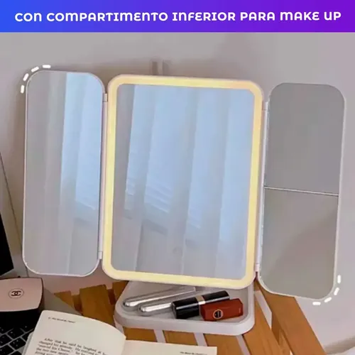 Espejo Triple Con Luz Led Usb Maquillaje Triptico Makeup