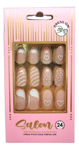 Pack de Uñas Postizas Thelma Y Louise Salón French con Lunares y Corazones Redondas Largas Brillantes