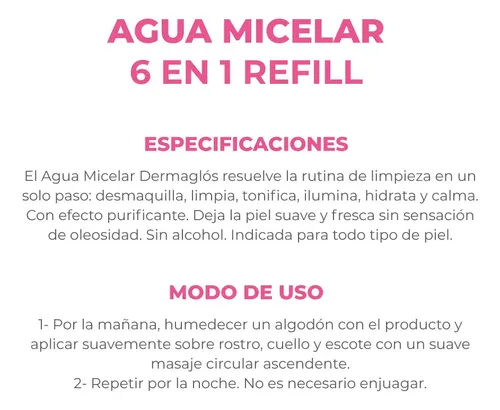 Dermaglós Facial Agua Micelar 6 En 1 Desmaquillante Refill