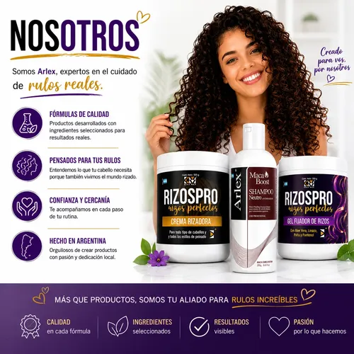 Combo Arlex Crema Rizadora Gel Fijador Champu Kit Curly