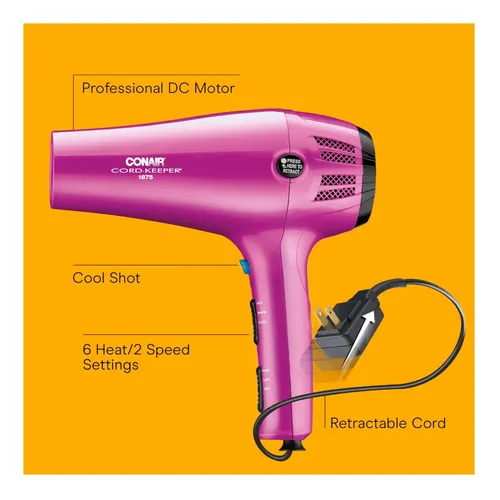 Secador Conair Con Cable Retráctil, 1875 W Y Diseño Compacto Rosa
