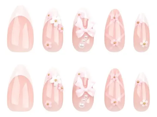 Uñas Postizas Florales Adornadas Con Un Moño Rosa.
