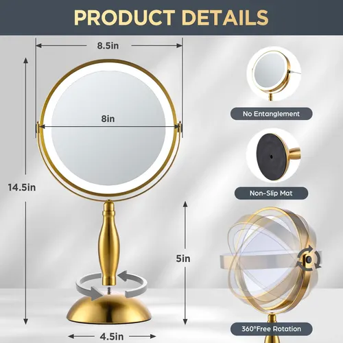 Espejo De Maquillaje Daslava 30x Dorado Con Luces Led
